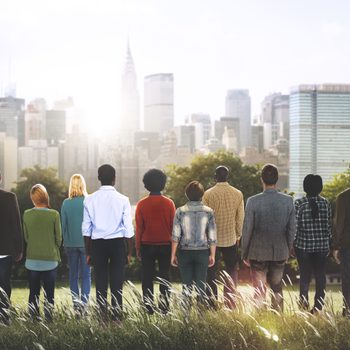 group of people overlooking city