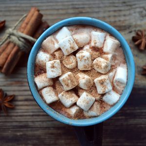 Black and blue cup of hot cocoa with marshmallows, star anise and cinnamon