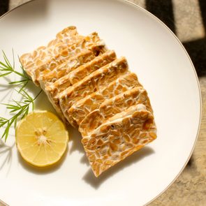 Close-up of raw tempe slices