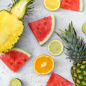 Flat Lay Food, Fresh Fruits, Vitamins, Watermelon, Citrus, Pineapple.