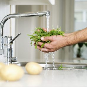 Man in kitchen washing lettuce