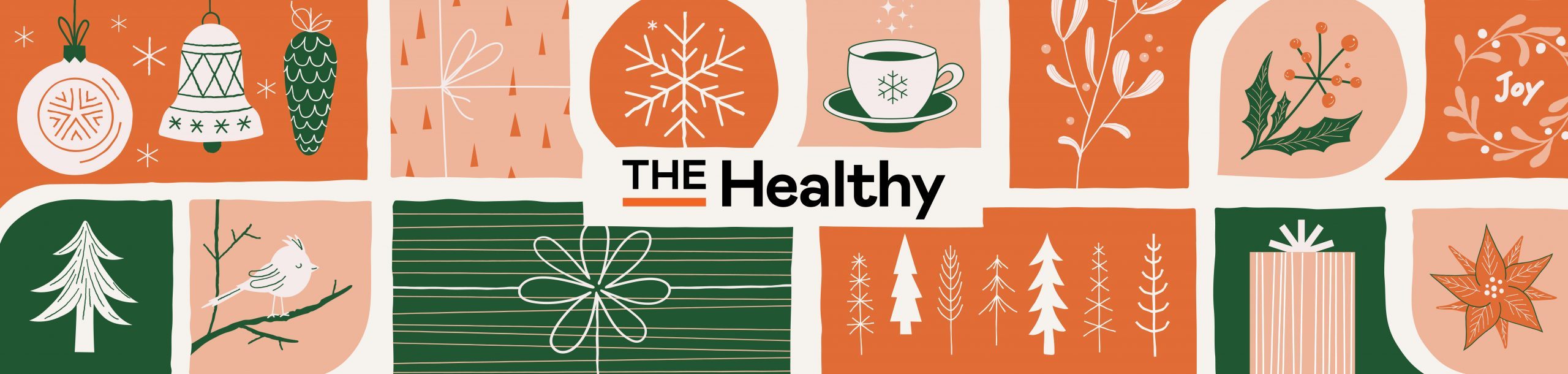 Holiday themed illustrations in an organic grid with "The Healthy" logo in the middle